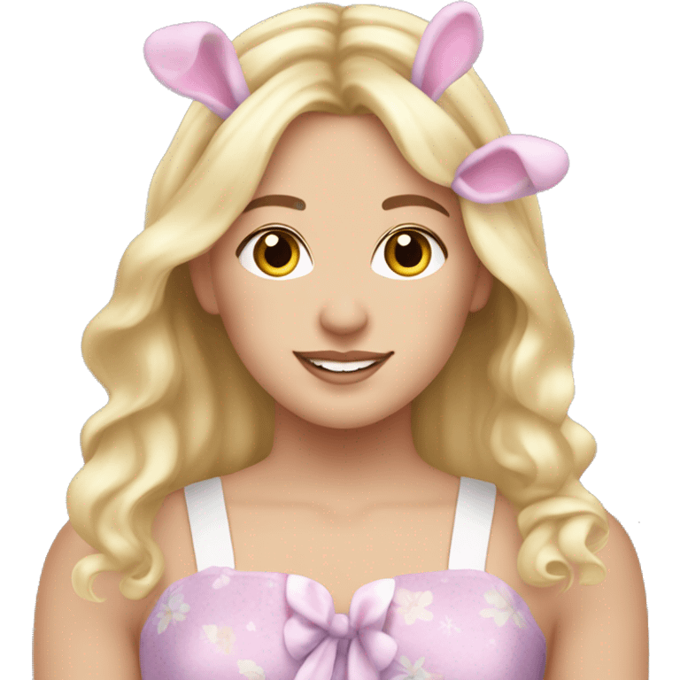 White girl, blonde hair, Easter dress, and Easter bunny ears Easter ￼ emoji