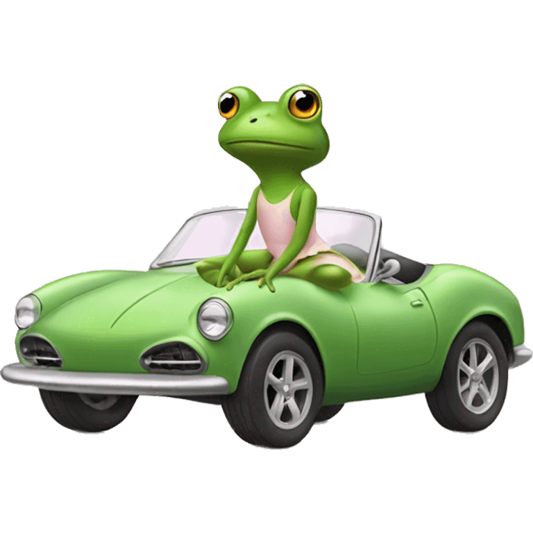 frog wearing a ballerina dress with a sports car emoji