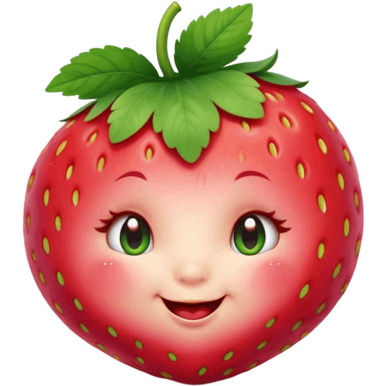 Cinematic plump happy strawberry, glossy bright red, tiny round eyes and blushing cheeks, green leafy top slightly tilted, cheerful and charming. emoji