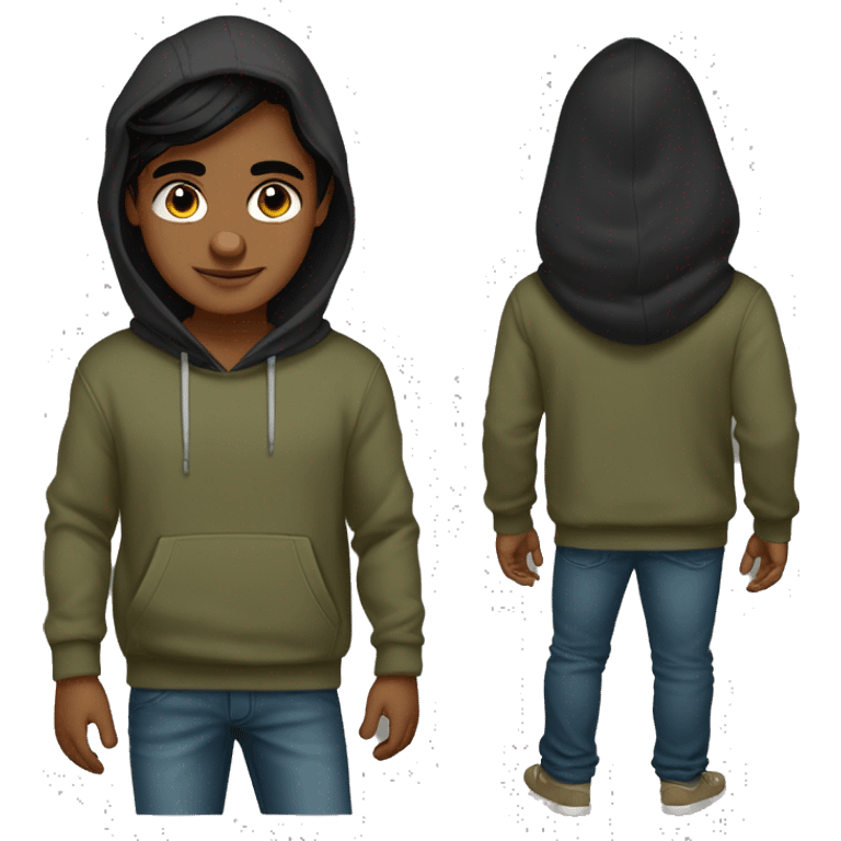 India boy middle parting black long hair dark hazel eyes hoodie with hood down olive skin emoji