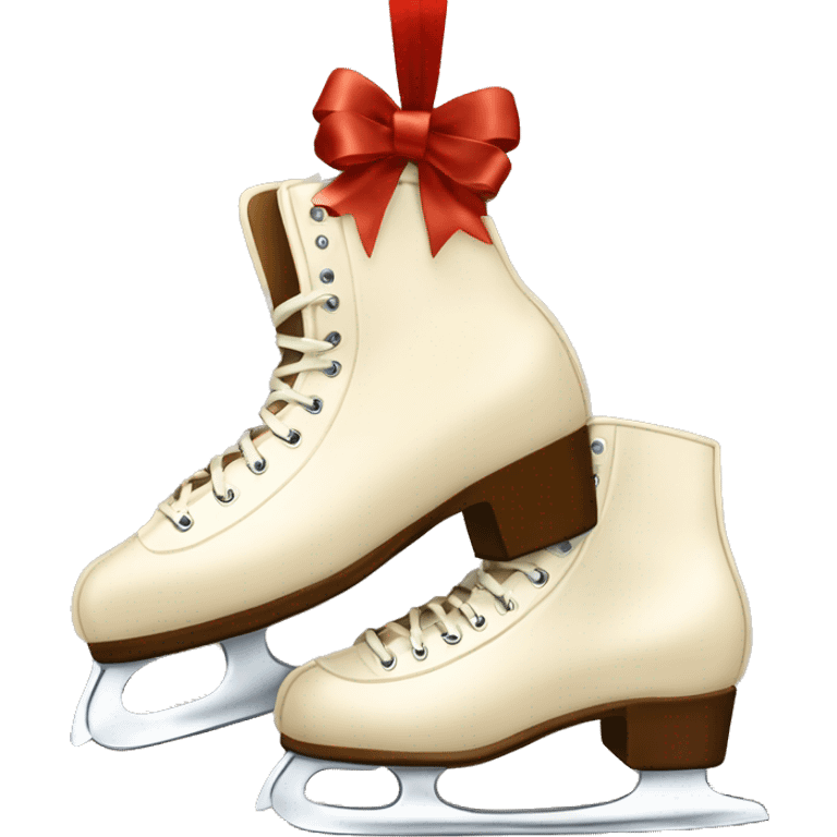 Cream color pair of ice skates hanging from a long brown bow emoji