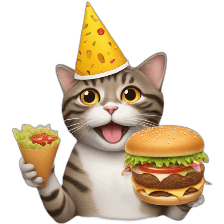 cat eating a hamburger wearing a party hat emoji