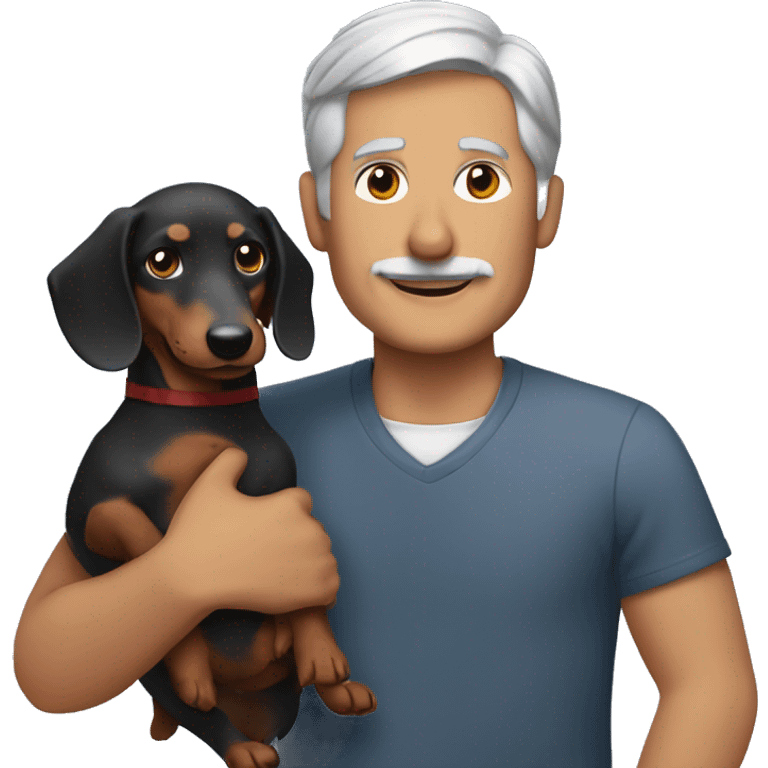  man with grey hair holding a dachshund in his arms no mustache emoji