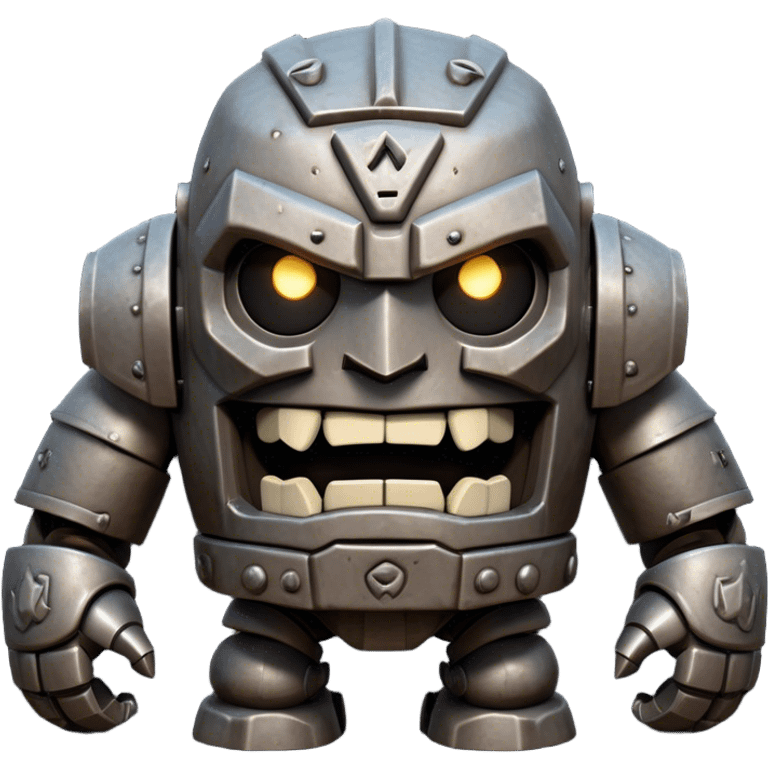 Cinematic Comical Mighty Iron Golem Portrait Emoji Head tilted dramatically with an exaggeratedly amused expression, featuring a bulky, armored form with a slightly lopsided stance, ancient runes flickering erratically, and one massive, jointed hand raised in a slow, deliberate wave. Wide, expressive glowing eyes give it an almost humorous, puzzled look, as if it’s contemplating something far beyond mortal understanding. Rendered with detailed metallic textures and deep, dynamic lighting, high shine, dramatic yet whimsical, styled with a hint of unexpected charm, soft glowing outline, capturing the essence of an endearing yet colossal guardian that looks ready to crack an impossibly slow, earth-shaking joke! emoji