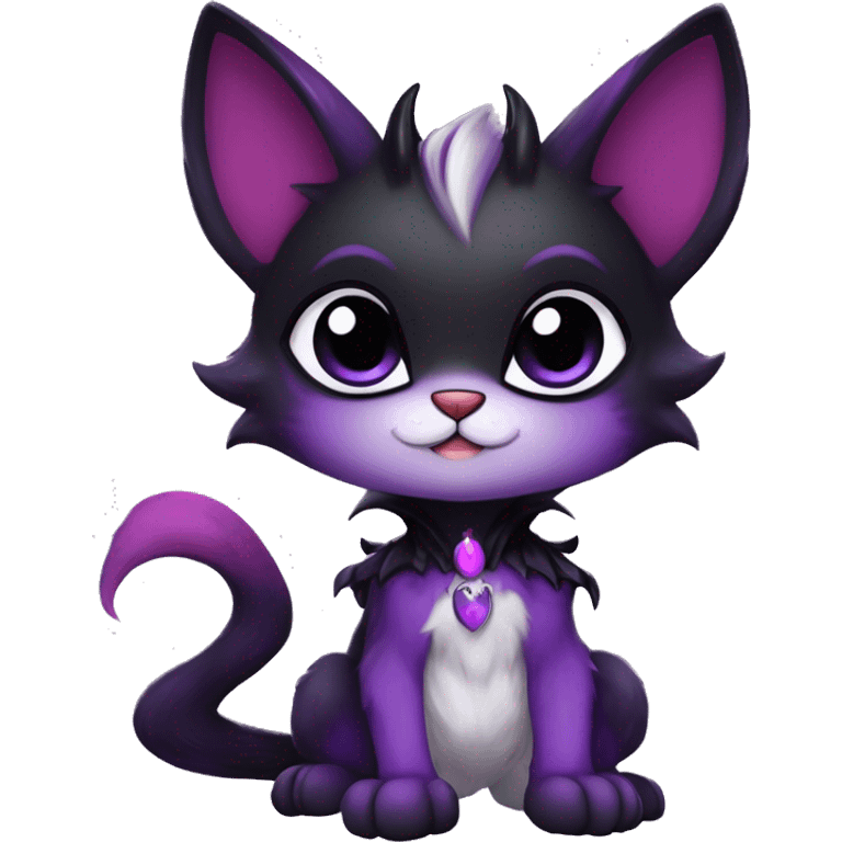 Anthro-Cute-Edgy-Vampiric-Batty-Cat-Black-Purple-Contrast-Colors-Fantasy-Fur-Sona-Chibi-Shiny-Fakémon-Hybrid with horns full body emoji