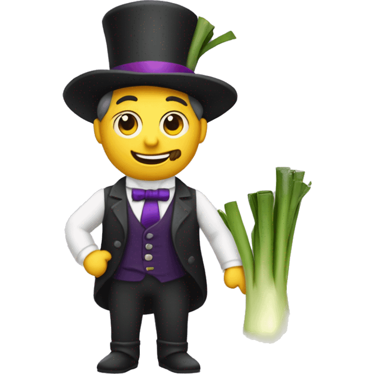 Make a Man holding a Leek wearing a tophat but the tophat has a purple band emoji