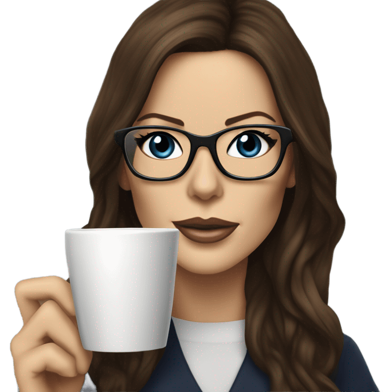 Hyper Realistic Kate Beckinsale dark blue eyes wearing glasses drinking coffee at a laptop  emoji