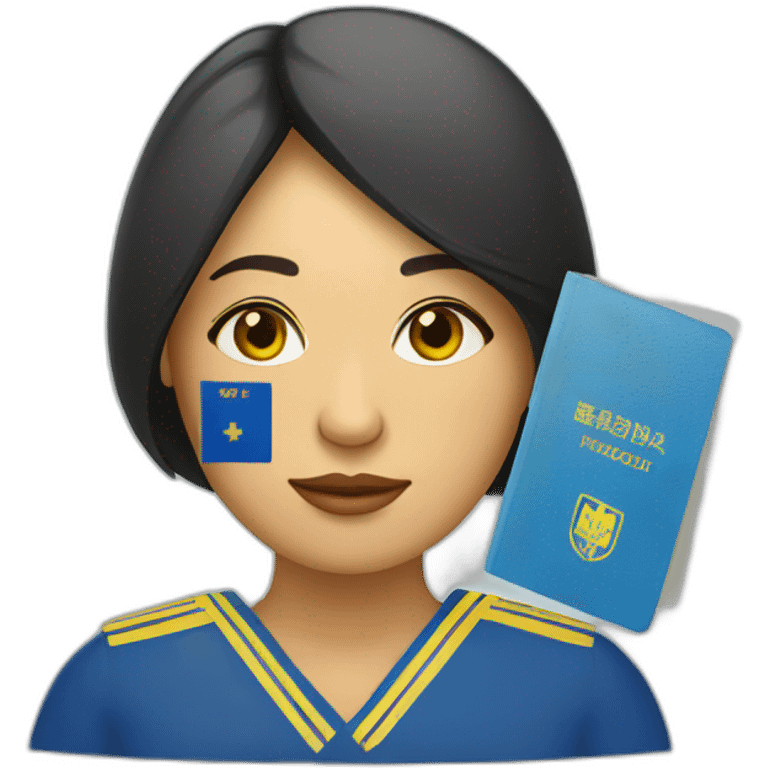 vietnamese woman with ukranian flag colors on face holding passport emoji