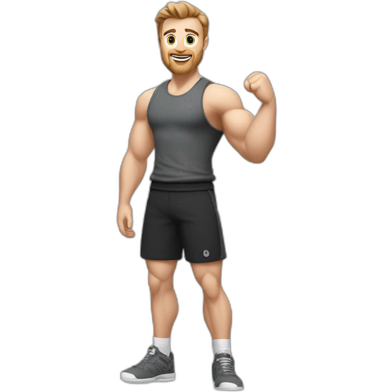 Full height Actively gesturing with hands Pale skinned Fit Man With the biceps and brown hair in dark gray Sleeveless Mike, black oversize sports shorts, watch and white Sneakers emoji