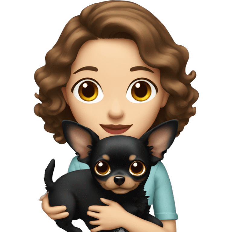 Pretty woman with brown wavy hair holding a black chihuahua  emoji