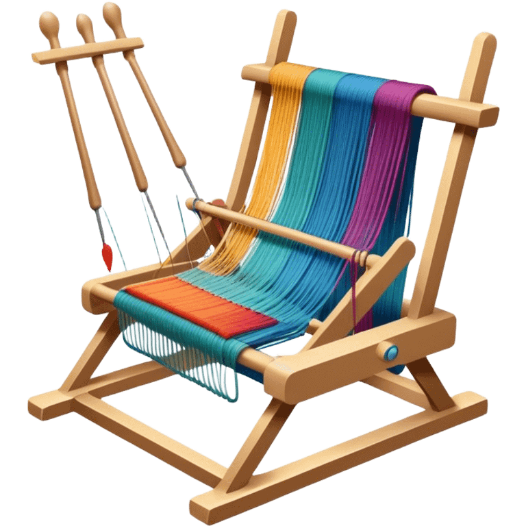 Weaving icon, loom with threads in various colors, visible shuttle, spools of yarn, and weaving tools in progress, fabric being woven, minimalistic style, clean lines, transparent background. emoji