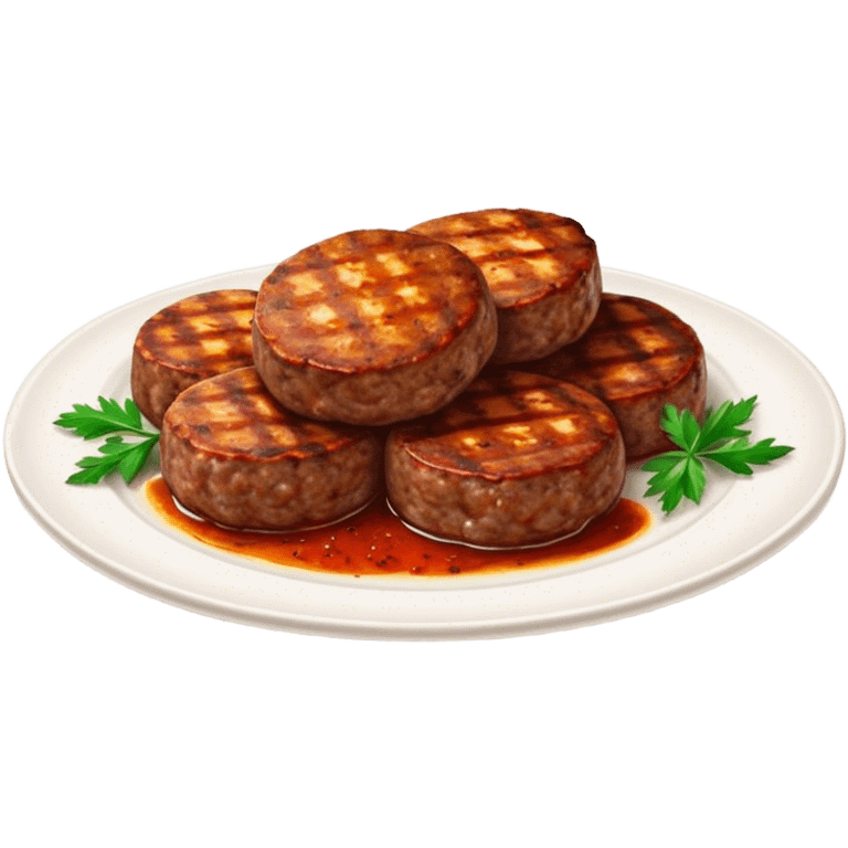 Cinematic Realistic image of Turkish Köfte, presented as perfectly formed, spiced meat patties with detailed textures and subtle grill marks, arranged artfully on a simple plate and illuminated by warm, appetizing lighting that accentuates their savory appeal. emoji