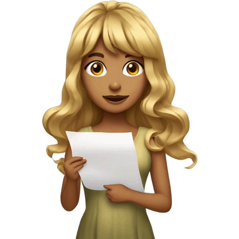 olive SKIN GIRL with long gold wavy hair and bangs holding paper emoji