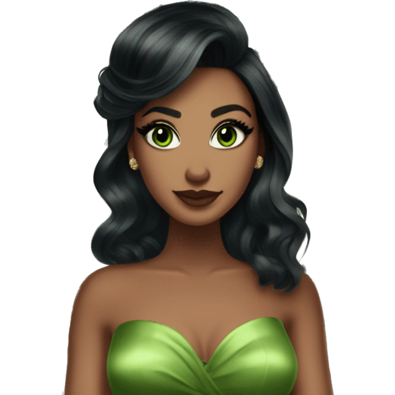 Glamorous, club, cocktail dress, black balayage hair, half up half down hair, olive skin, green almond eyes, winged eyeliner with big lashes emoji