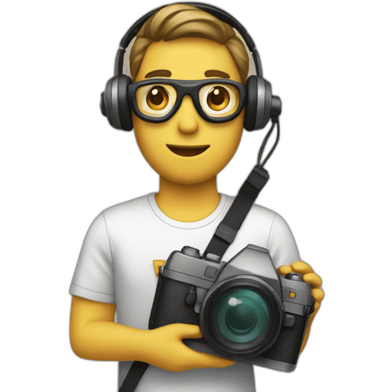 A person with headset holding a camera emoji