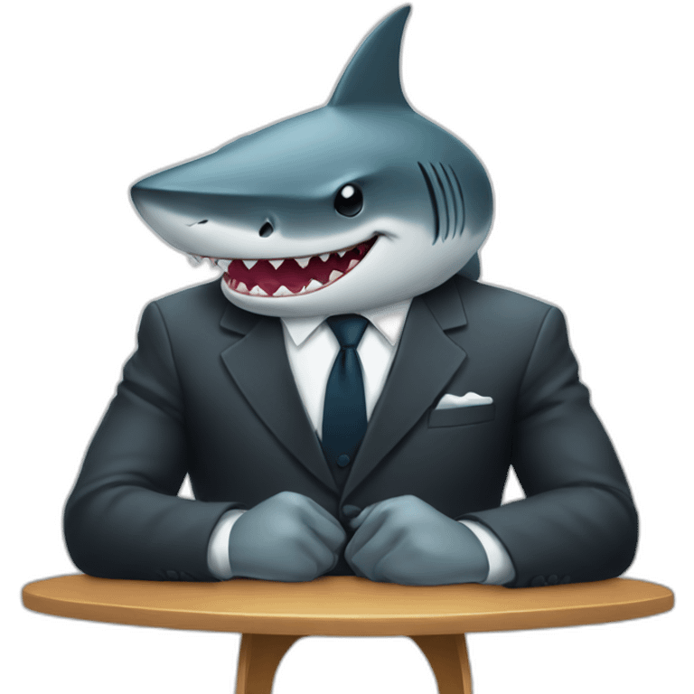 A shark sitting on a table wearing a suit looking straight emoji