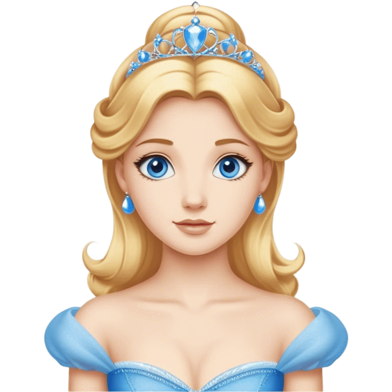 Cinematic Realistic Comical Cinderella Portrait, with every detail rendered realistically—from the soft, smooth texture of her fair skin to her artfully styled golden-blonde hair. Her bright blue eyes are wide with playful disbelief, and her expression carries a touch of whimsical humor while retaining elegant poise. Her classic ball gown, detailed with rich fabric textures and natural shadows, catches the light in a way that blends refined beauty with a hint of cheeky mischief, creating a striking, lifelike portrayal. emoji