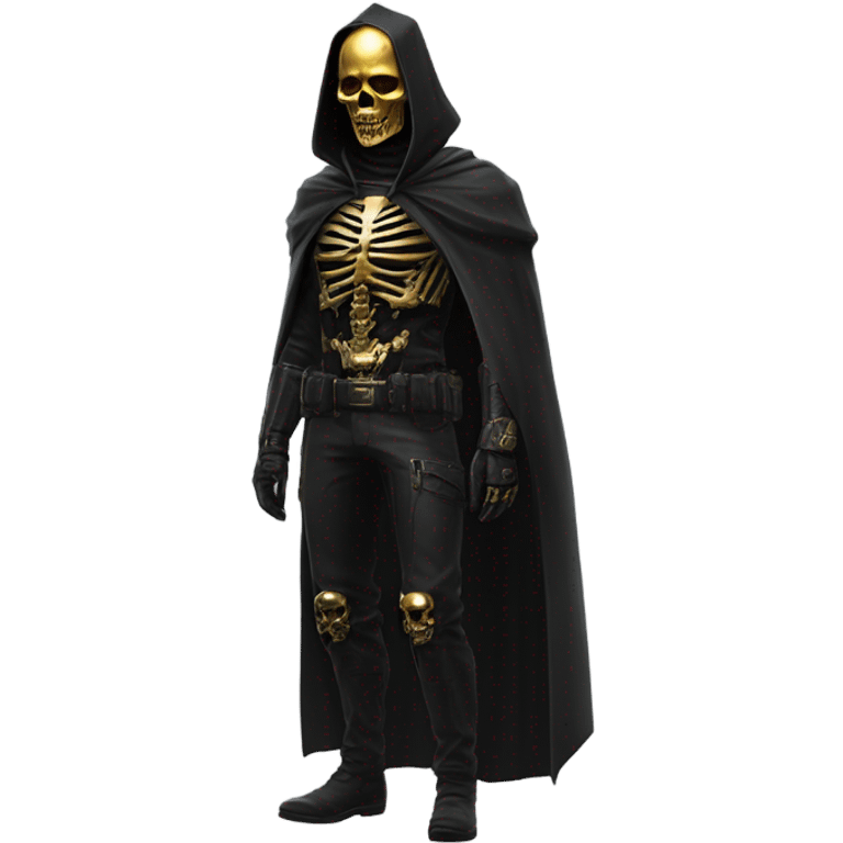 Bounty Hunter Boss with black cape and a perfect gold skull jaw mask from death Stranding, full body front and back emoji