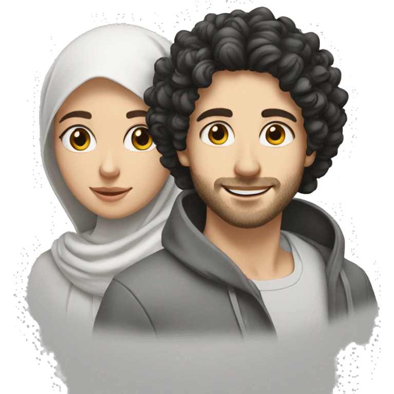 young white European guy with curly black hairs plus girl hijab  emoji