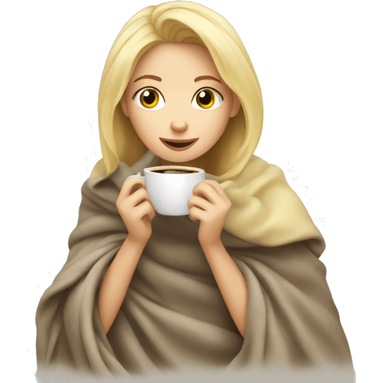 Blonde girl in blanket drinking coffee  emoji