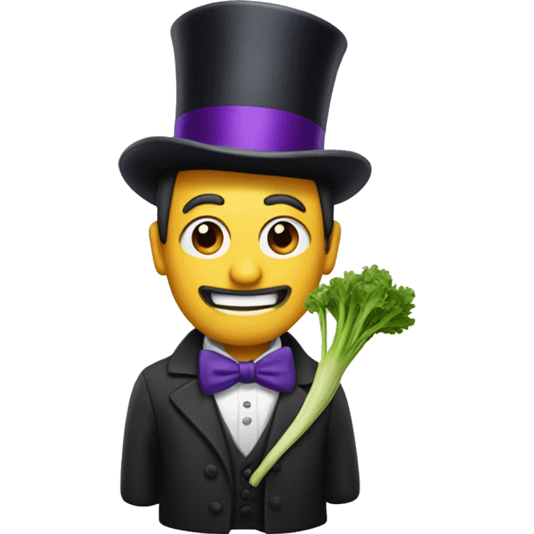 Man holding a leek with a top hat that has a purple band emoji