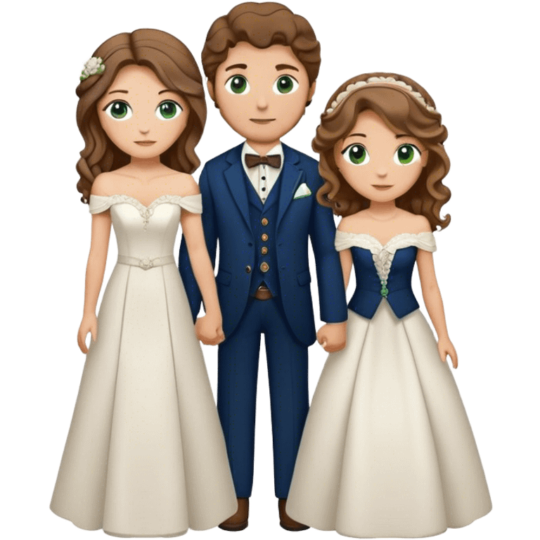 A bride and groom. Bride has brown hair with soft curls, has green eyes, wears an off shoulder dress. Groom, dark blue eyes, hair is blond, wears a western suit with a brown vest and a bolo tie. emoji