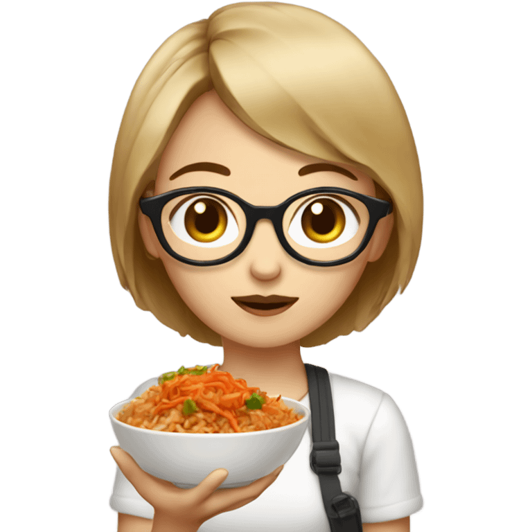 A girl with short hair and glasses eating Kimchi fried rice with extra kimchi on top emoji