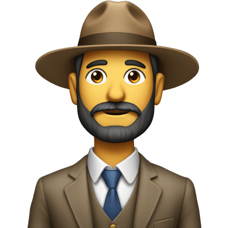 Un señor con barba,traje y camisa con barba portando un sombrero cuyo frente tiene el logotipo de jw.org emoji