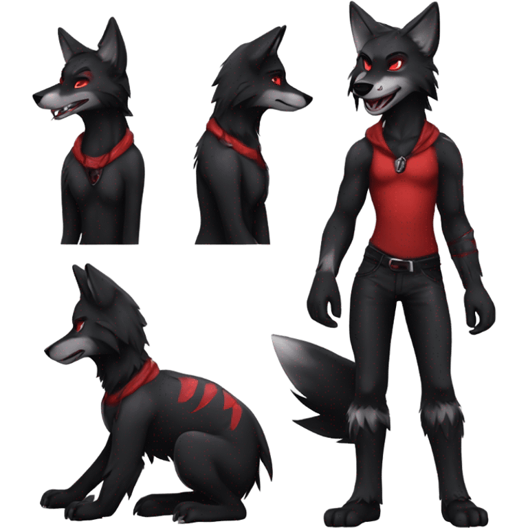 Anthro black Shiny Fionbri-Falvie-sparkle-wolf-sona with red edgy markings full body emoji