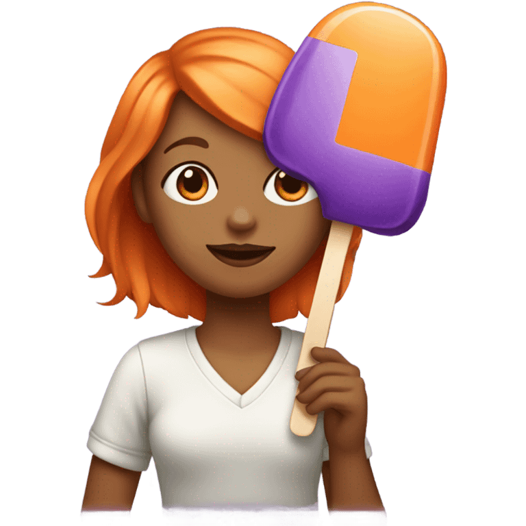 A girl with orange hair holding a purple popsicle  emoji