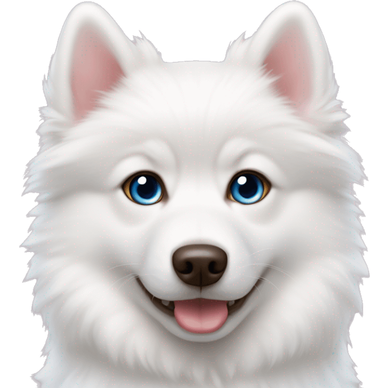 white pomsky puppy with pink ears and one brown eye, one parti blue eye emoji