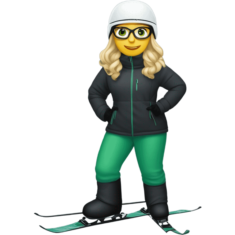 Green-eyed, fat female skier with long straight blonde hair, glasses, white ski helmet, grey snow jacket, long black pants, black only snow boots standing tall. emoji