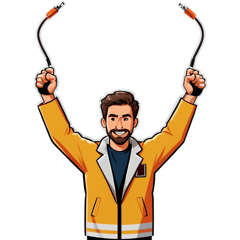 Man holding both arms in the air and holding an electrical cable emoji