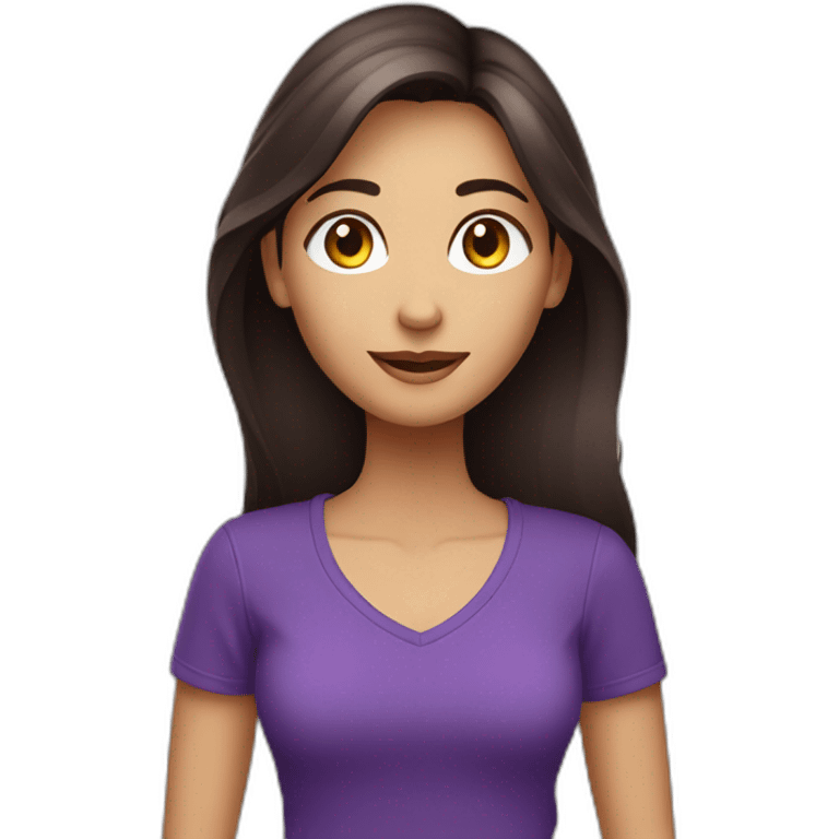 young women,dark long brown hair,saying hello, using purple tshirt whith letters "4tech emoji