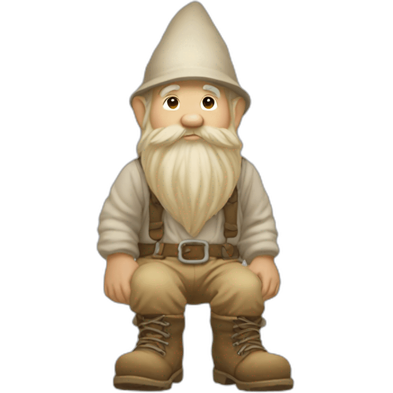 side view of gnome with light tan pants and light tan boots squatting in front of small dirt pile emoji