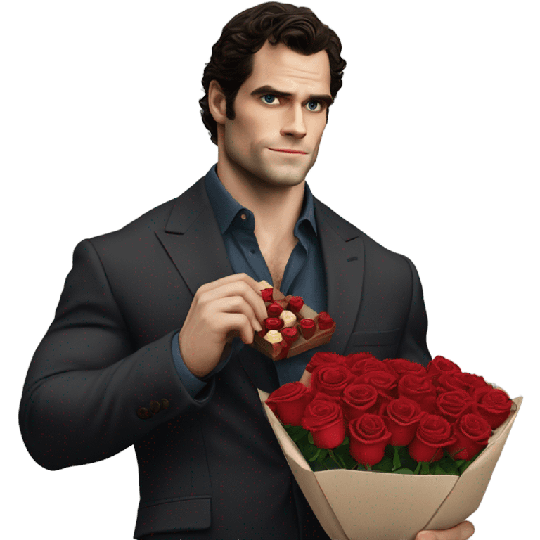 realistic photo of Henry Cavill holding roses and chocolates emoji