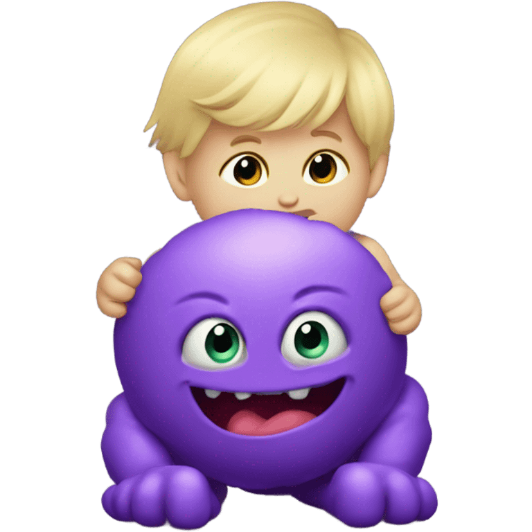 Little blonde baby boy playing with a purple giant monster emoji