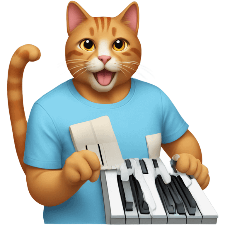 tan-red cat wearing a light-blue t-shirt taps musical keyboard emoji