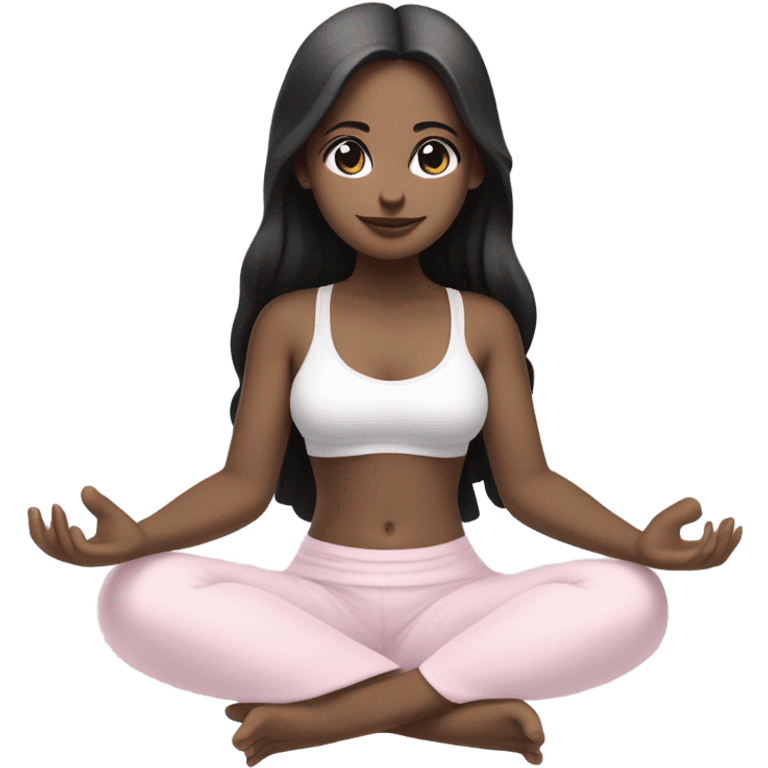 Girl with black long hair and white skin and brown eyes, meditates in a relaxed lotus position in a comfortable monochrome white bra top and monochrome pink short skirt emoji