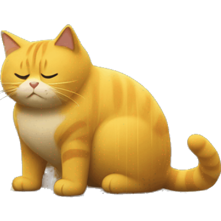 On a rainy night, a fat yellow cat was eating a McDonald's on a busy bridge,The cat was getting ready to jump emoji