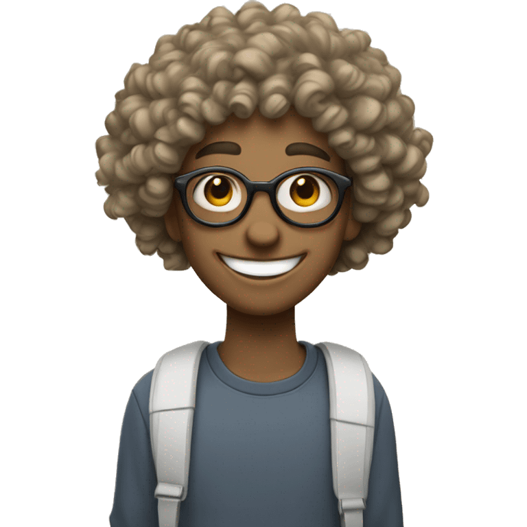 college student, fair skin, round glasses, big smile, curly h emoji