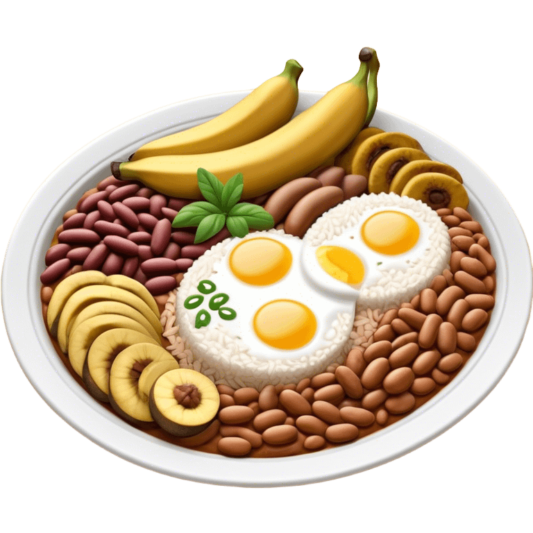 Cinematic Realistic Bandeja Paisa Dish Emoji, depicted as a hearty platter featuring beans, rice, meat, and plantains rendered with detailed textures and vibrant, robust lighting. emoji