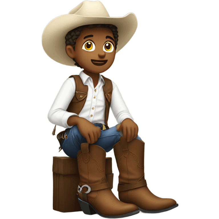 boy in white shirt indoors in cowboy boots emoji