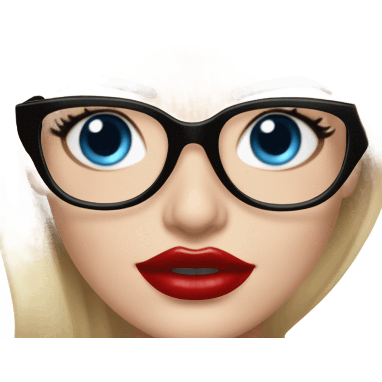  Margot Robbie, bright blue eyes and winged eye liner, red kisses, wearing black glasses  emoji