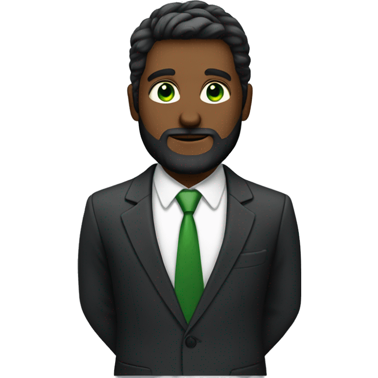 Finance guy, short black hare, green eyes, suit, beard like 3 days emoji