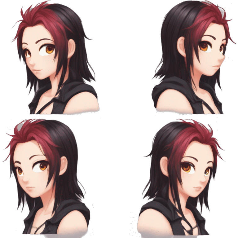 Gorgeous anime style tomboy-lady with blushing face aesthetic and pretty edgy black red punk hair with hair garment trending style emoji