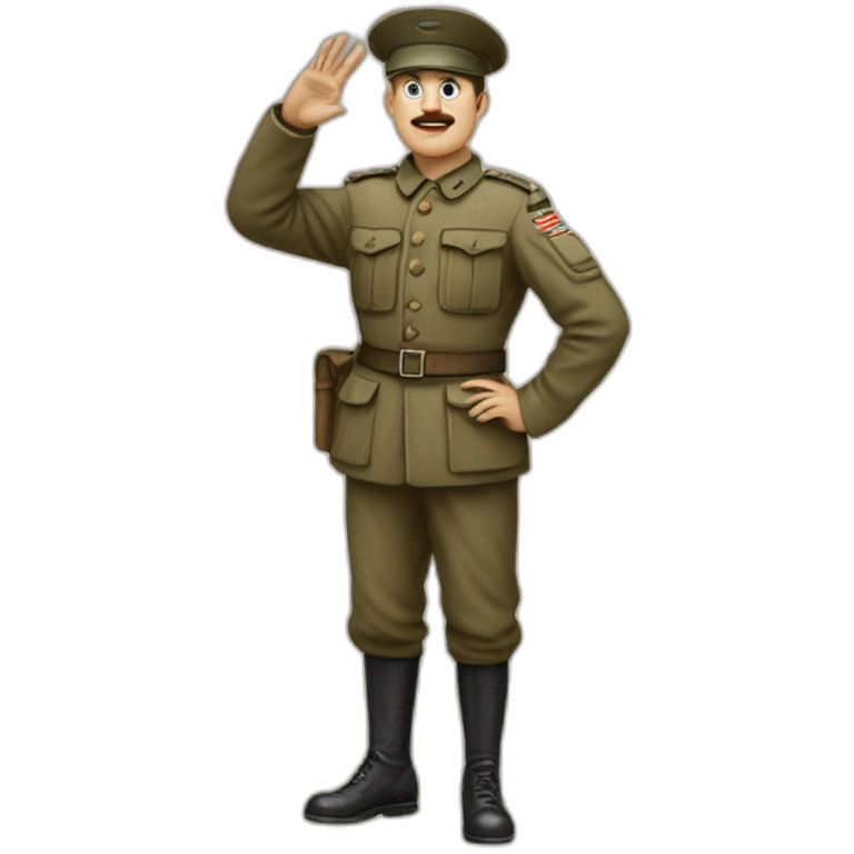 A man in a soldier suit from world war one raising their right hand vertically to around 45 degrees. His arm is stretched out, not bent at all. and his face is shown emoji