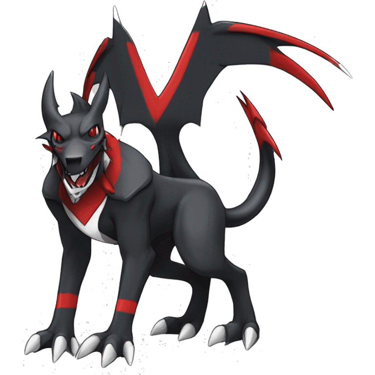 Black Cool Edgy Nargacuga-Houndoom-Garchomp Fakémon Digimon with Red and white Edgy markings, full body, outlined, sharp line Art emoji