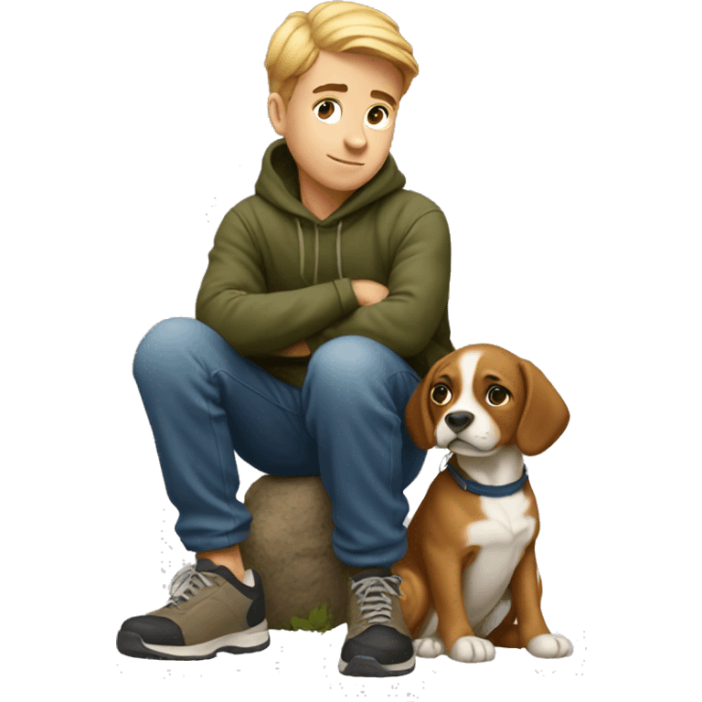 squatting boy with dog outdoors emoji