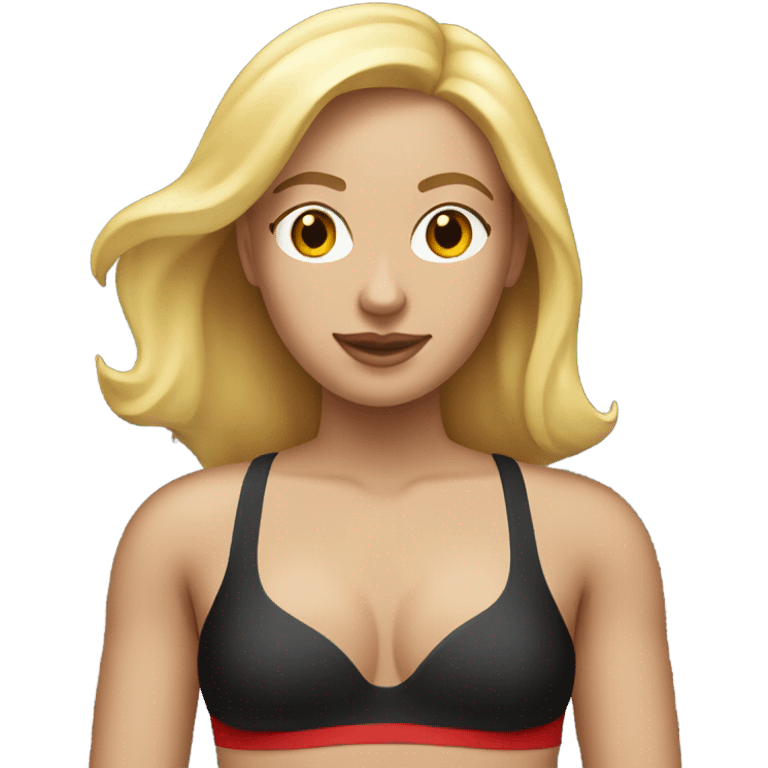 blonde women with white tank top, black bra and red swim suit bottom emoji